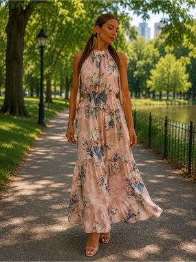 Sleeveless Floral Halter Maxi Dress in Blush